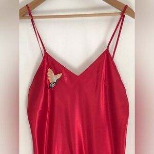 VTG Y2K Serena Red Satin Midi Slip Dress sz Large Embroidered Butterfly Prom